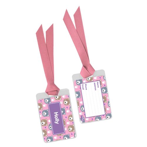 Personalized bag tag personalized with bears pattern and name in grape purple