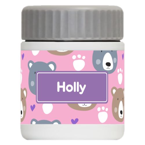 Personalized 12oz food jar personalized with bears pattern and name in grape purple