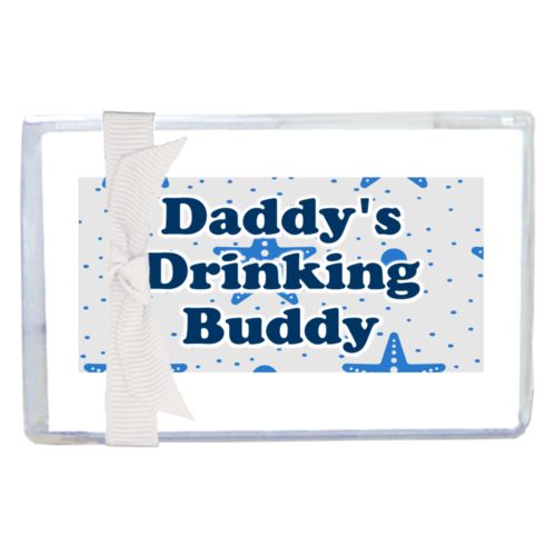 Personalized enclosure cards personalized with blue starfish pattern and the saying "Daddy's Drinking Buddy"