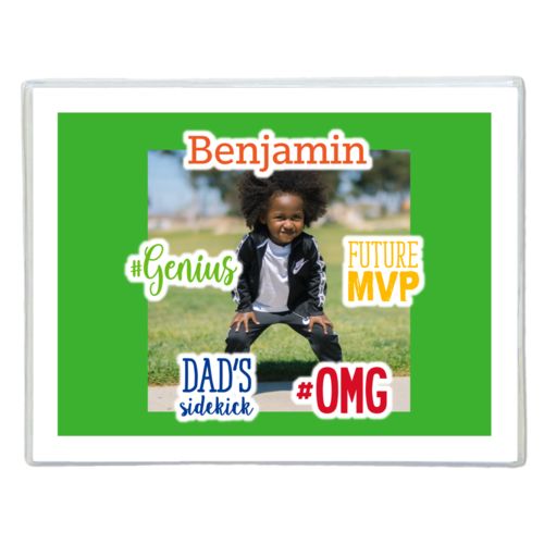 Personalized note cards personalized with photo and the sayings "Benjamin" and "Dad's Sidekick" and "#omg" and "#Genius" and "Future MVP"