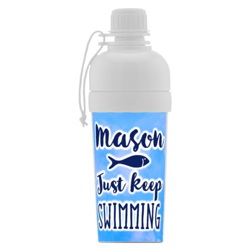 Kids water bottle personalized with light blue cloud pattern and the sayings "Just Keep Swimming" and "Mason"