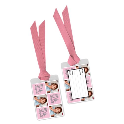 Personalized bag tag personalized with a photo and the saying "let's get magical" in silver and rosy cheeks pink