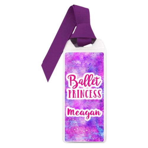 Personalized book mark personalized with splatter paint pattern and the sayings "ballet princess" and "Meagan"