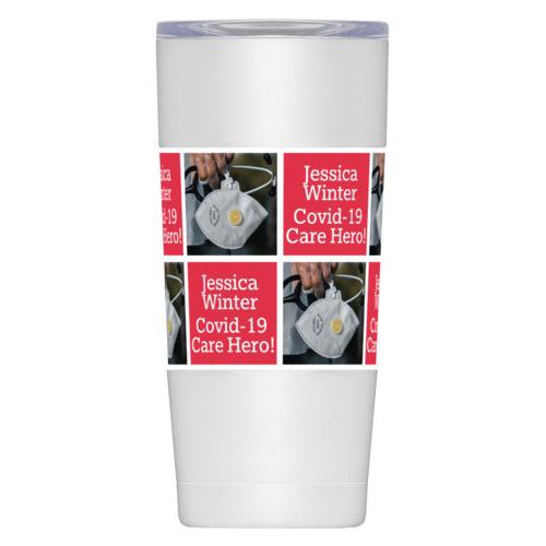 Personalized insulated steel mug personalized with a photo and the saying "Jessica Winter Covid-19 Care Hero!" in cherry red and white