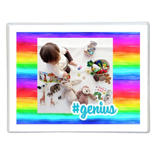 Personalized note cards personalized with rainbow bright pattern and photo and the saying "#genius"