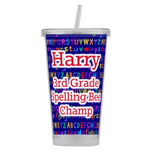 Personalized tumbler personalized with alphabet pattern and the saying "Harry 3rd Grade Spelling Bee Champ"