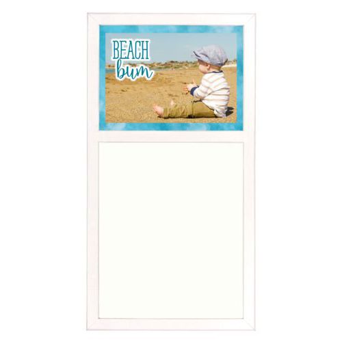 Personalized white board personalized with teal cloud pattern and photo and the saying "Beach bum"