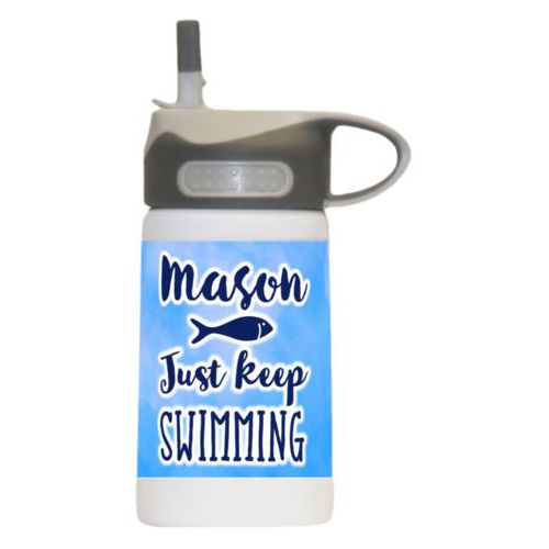Kids water bottle personalized with light blue cloud pattern and the sayings "Just Keep Swimming" and "Mason"