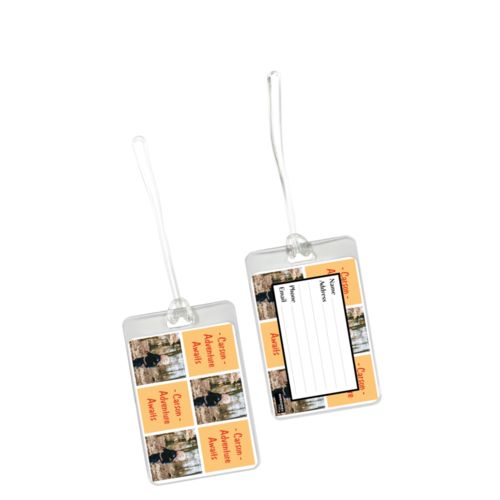 Personalized bag tag personalized with a photo and the saying "- Carson - Adventure Awaits" in jewel - citrine and orange