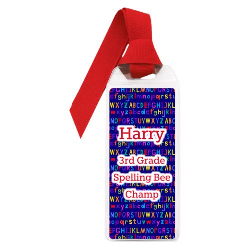 Personalized book mark personalized with alphabet pattern and the saying "Harry 3rd Grade Spelling Bee Champ"