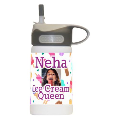 Water bottle for kids personalized with scoops pattern and photo and the saying "Neha Ice Cream Queen"