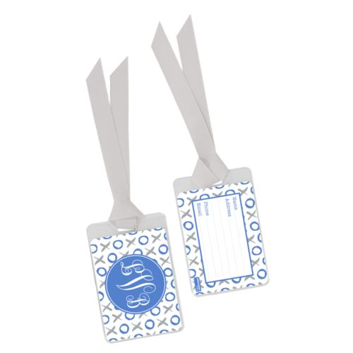 Personalized bag tag personalized with hugs pattern and monogram in winter blue and silver