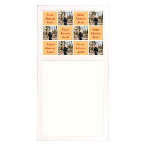 Personalized white board personalized with a photo and the saying "- Carson - Adventure Awaits" in jewel - citrine and orange
