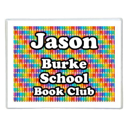 Personalized note cards personalized with colored pencils pattern and the saying "Jason Burke School Book Club"