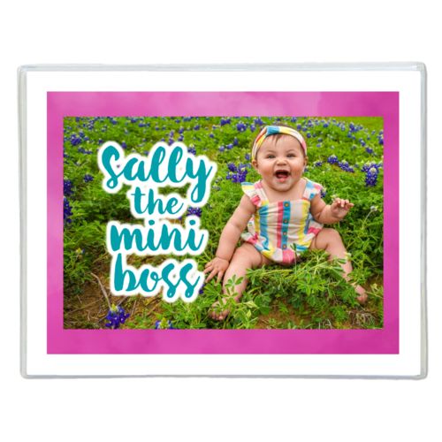 Personalized note cards personalized with pink cloud pattern and photo and the saying "Sally the mini boss"
