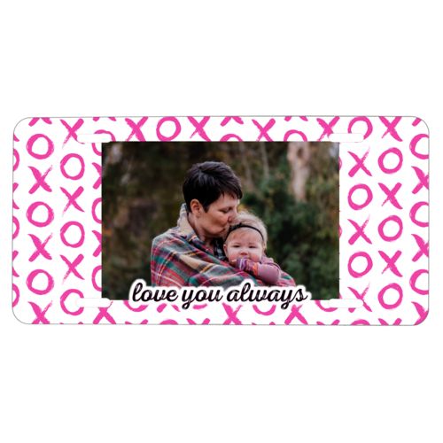 Personalized license plate personalized with hugs pattern and photo and the saying "love you always"