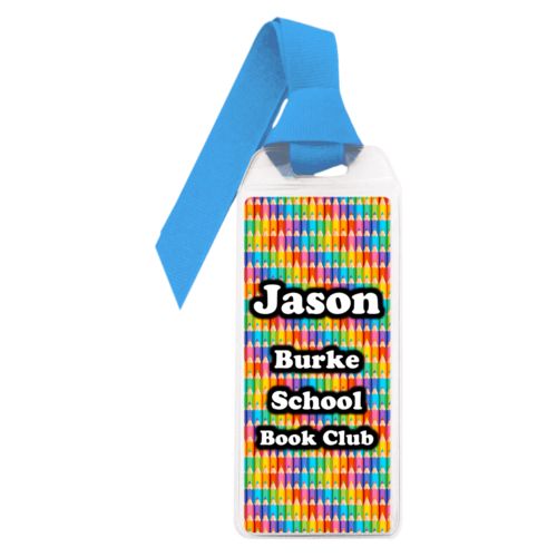 Personalized book mark personalized with colored pencils pattern and the saying "Jason Burke School Book Club"