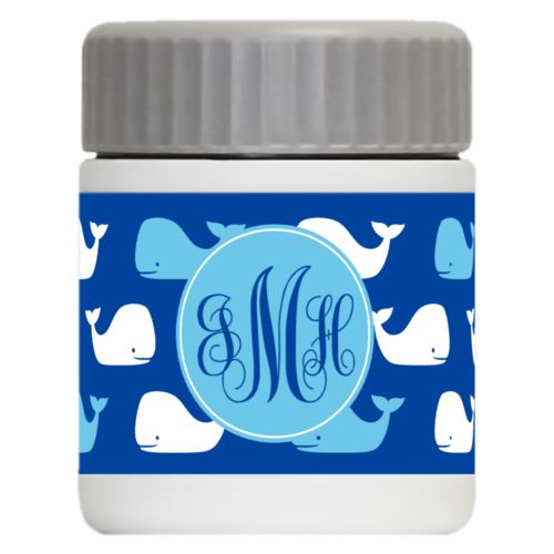 Personalized 12oz food jar personalized with whales pattern and monogram in ultramarine
