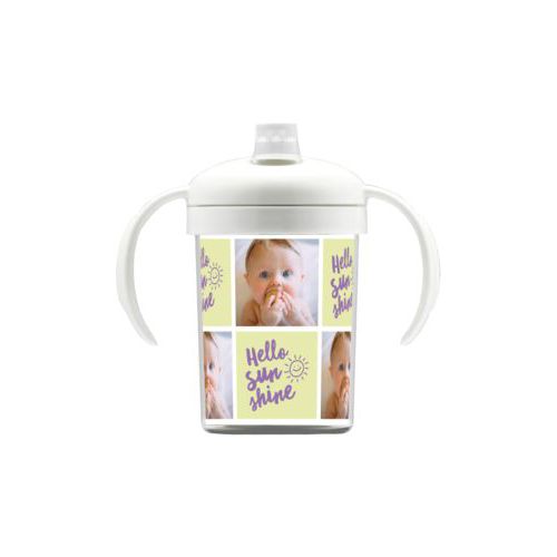 Personalized sippycup personalized with a photo and the saying "hello sunshine" in grape purple and morning dew green