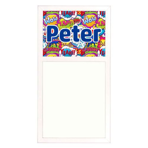Personalized white board personalized with comics pattern and the saying "Peter"