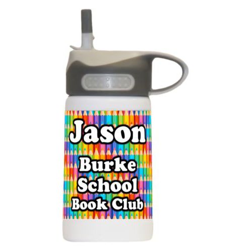 Cold water bottle for kids personalized with colored pencils pattern and the saying "Jason Burke School Book Club"