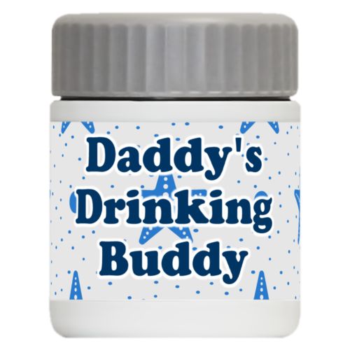 Personalized 12oz food jar personalized with blue starfish pattern and the saying "Daddy's Drinking Buddy"
