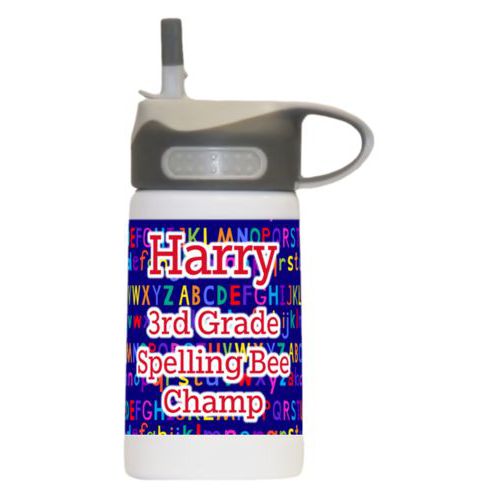 Personalized water bottle for kids personalized with alphabet pattern and the saying "Harry 3rd Grade Spelling Bee Champ"