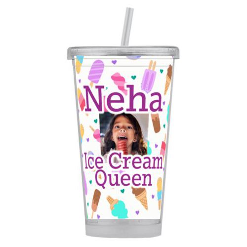 Personalized tumbler personalized with scoops pattern and photo and the saying "Neha Ice Cream Queen"
