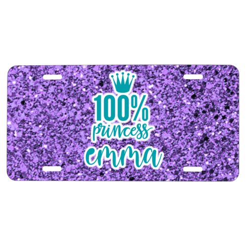 Custom car plate personalized with lavender glitter pattern and the sayings "100% princess" and "emma"