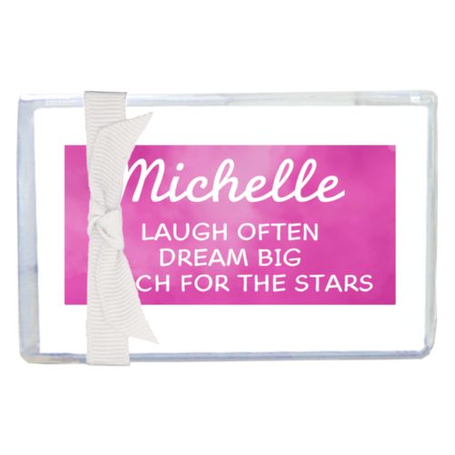 Personalized enclosure cards personalized with pink cloud pattern and the saying "Michelle laugh often dream big reach for the stars"