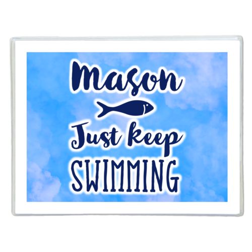 Personalized note cards personalized with light blue cloud pattern and the sayings "Just Keep Swimming" and "Mason"