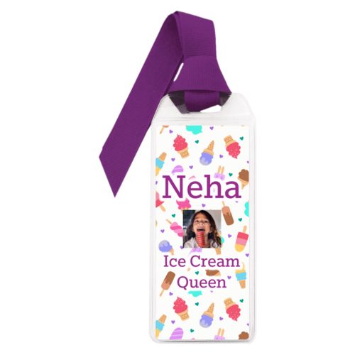 Personalized book mark personalized with scoops pattern and photo and the saying "Neha Ice Cream Queen"