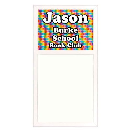 Personalized white board personalized with colored pencils pattern and the saying "Jason Burke School Book Club"