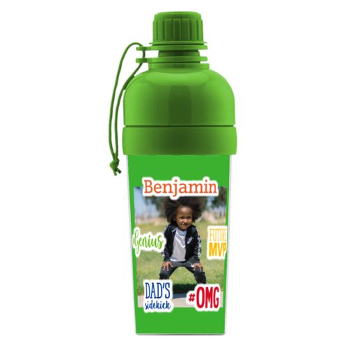 Kids water bottle personalized with photo and the sayings "Benjamin" and "Dad's Sidekick" and "#omg" and "#Genius" and "Future MVP"