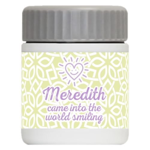 Personalized 12oz food jar personalized with lattice pattern and the sayings "Meredith came into the world smiling" and "Smiling Heart"