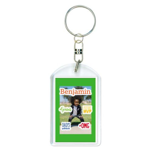 Personalized plastic keychain personalized with photo and the sayings "Benjamin" and "Dad's Sidekick" and "#omg" and "#Genius" and "Future MVP"