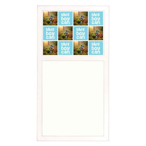 Personalized white board personalized with a photo and the saying "this boy can" in 1055 (sweet teal and white)