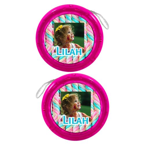 Personalized yoyo personalized with sweets twist pattern and photo and the saying "Lilah"