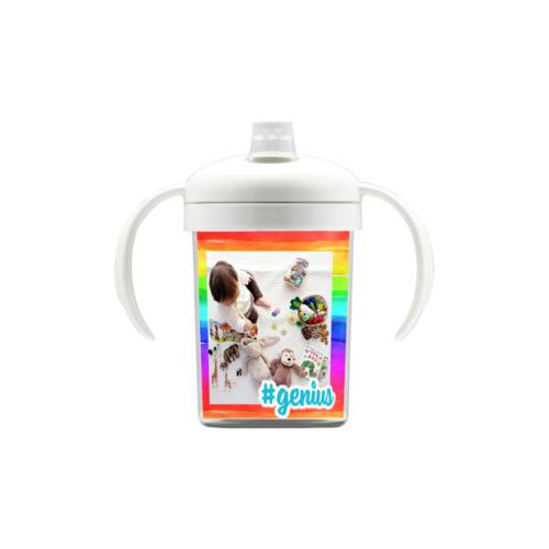 Personalized sippycup personalized with rainbow bright pattern and photo and the saying "#genius"