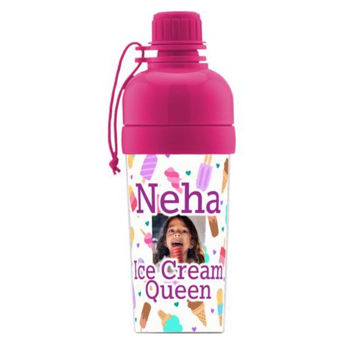 Water bottle for girls personalized with scoops pattern and photo and the saying "Neha Ice Cream Queen"