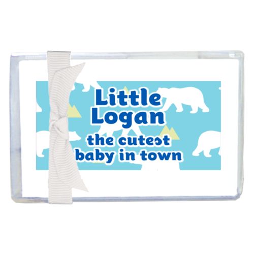Personalized enclosure cards personalized with bears pattern and the saying "Little Logan the cutest baby in town"