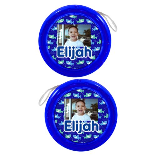 Personalized yoyo personalized with sharks pattern and photo and the saying "Elijah"