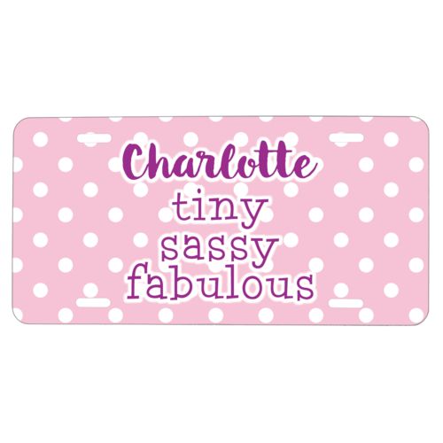 Custom car plate personalized with small dots pattern and the saying "Charlotte tiny sassy fabulous"