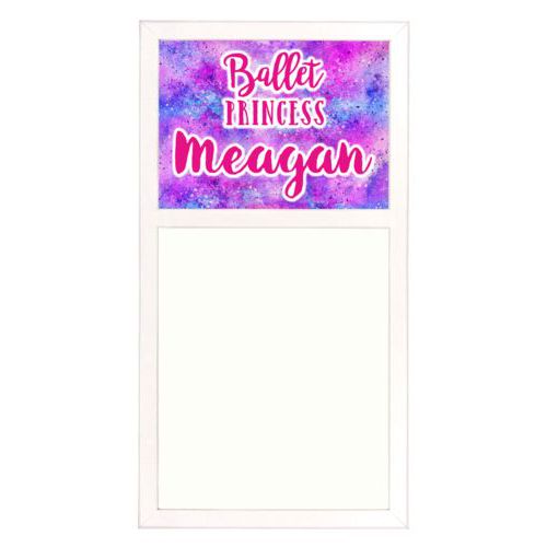 Personalized white board personalized with splatter paint pattern and the sayings "ballet princess" and "Meagan"