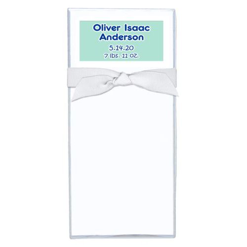 Personalized note sheets personalized with the saying "Oliver Isaac Anderson 5.14.20 7 lbs. 11 oz."