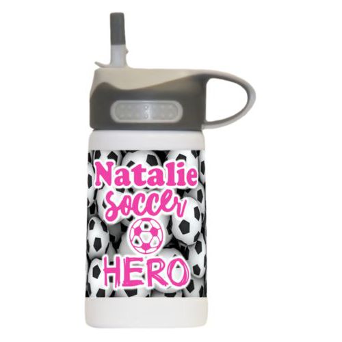 Kids insulated water bottle personalized with soccer balls pattern and the sayings "Soccer Hero" and "Natalie"