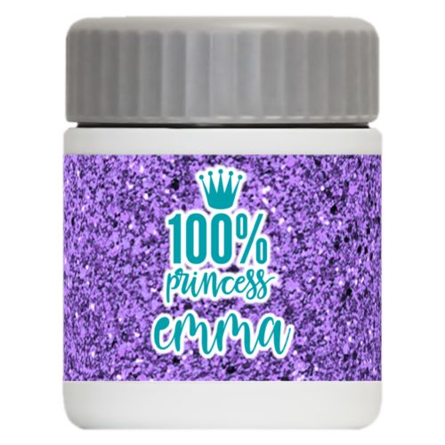 Personalized 12oz food jar personalized with lavender glitter pattern and the sayings "100% princess" and "emma"