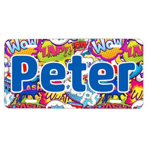 Personalized license plate personalized with comics pattern and the saying "Peter"