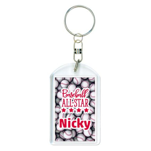 Personalized plastic keychain personalized with baseballs pattern and the sayings "baseball all-star" and "Nicky"