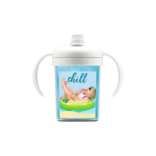 Personalized sippycup personalized with teal cloud pattern and photo and the saying "chill"